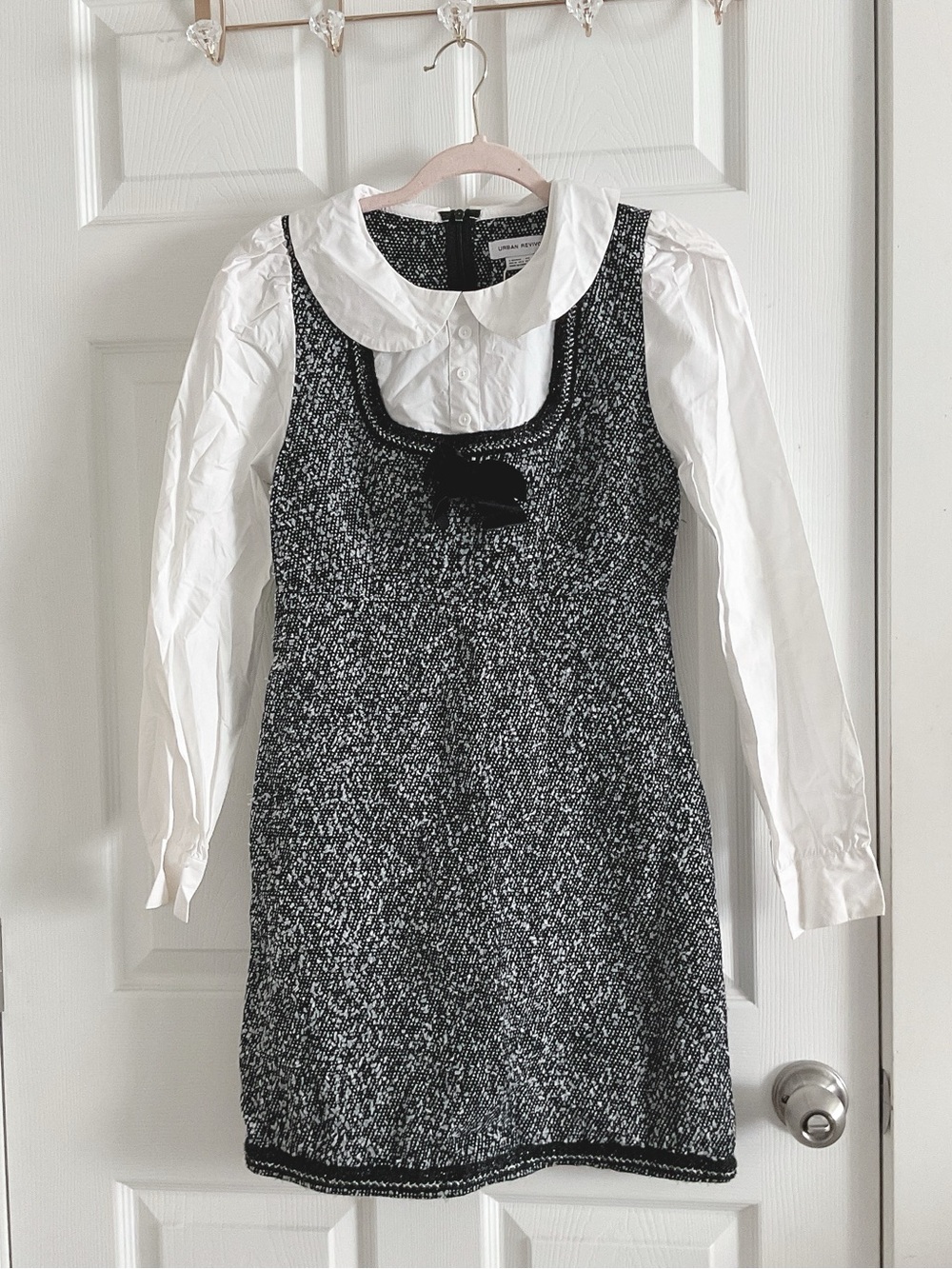 Black & White Tweed Pinafore Dress with Velvet Bow